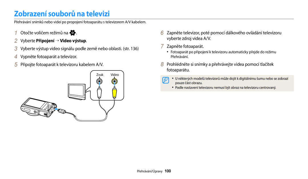 Samsung EC-WB380FBPBE1, EC-WB380FBPWE1 manual Zobrazení souborů na televizi, Vyberte Připojení → Video výstup, Zvuk Video 