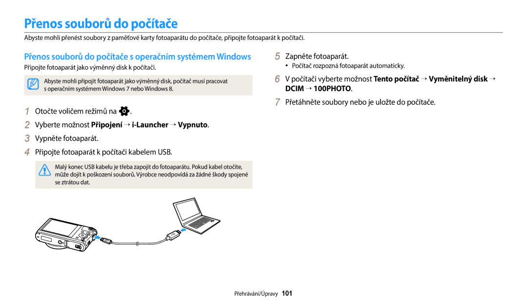 Samsung EC-WB380FBPWE1, EC-WB380FBPBE1 manual Přenos souborů do počítače, Vyberte možnost Připojení → i-Launcher → Vypnuto 