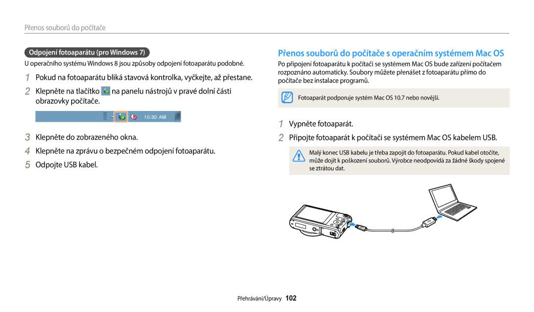 Samsung EC-WB380FBPBE1 manual Odpojení fotoaparátu pro Windows, Fotoaparát podporuje systém Mac OS 10.7 nebo novější 