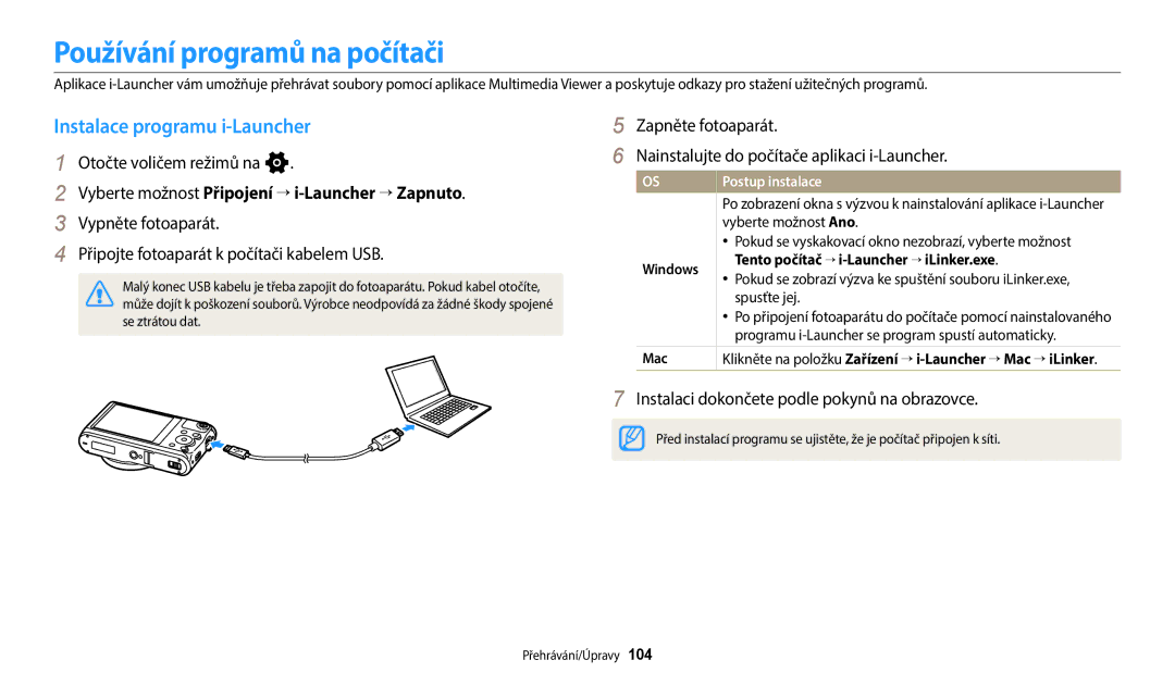 Samsung EC-WB380FBPBE1, EC-WB380FBPWE1 manual Používání programů na počítači, Instalace programu i-Launcher 