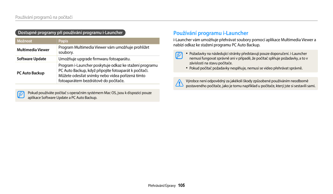 Samsung EC-WB380FBPWE1 Používání programu i-Launcher, Dostupné programy při používání programu i-Launcher, Software Update 