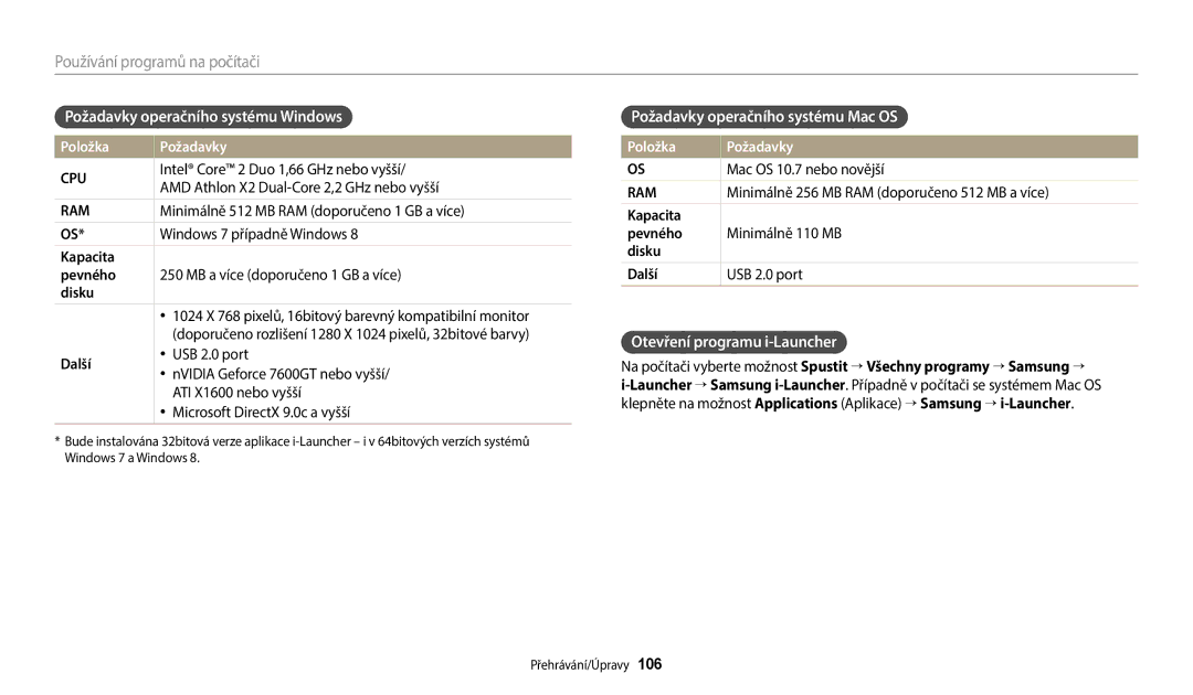 Samsung EC-WB380FBPBE1 manual Požadavky operačního systému Windows, Požadavky operačního systému Mac OS, Položka Požadavky 