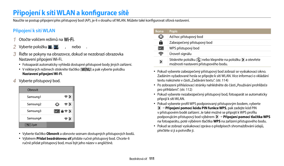 Samsung EC-WB380FBPWE1, EC-WB380FBPBE1 manual Připojení k síti Wlan a konfigurace sítě, Vyberte přístupový bod 