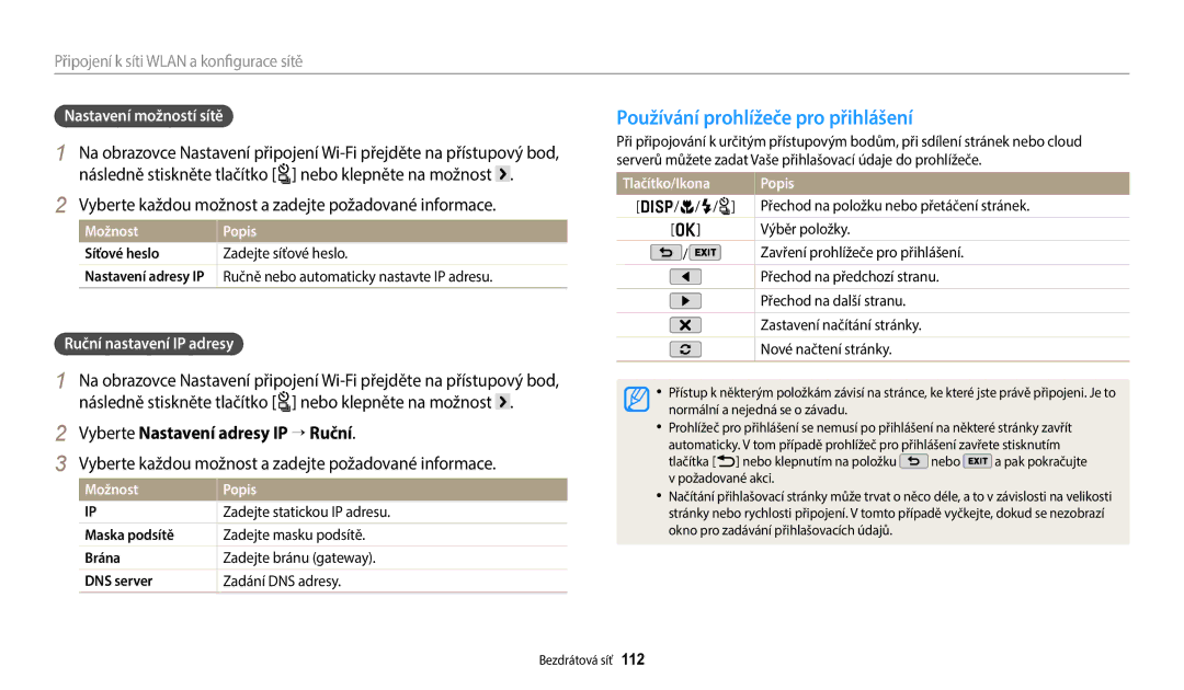 Samsung EC-WB380FBPBE1 manual Používání prohlížeče pro přihlášení, Následně stiskněte tlačítko t nebo klepněte na možnost 