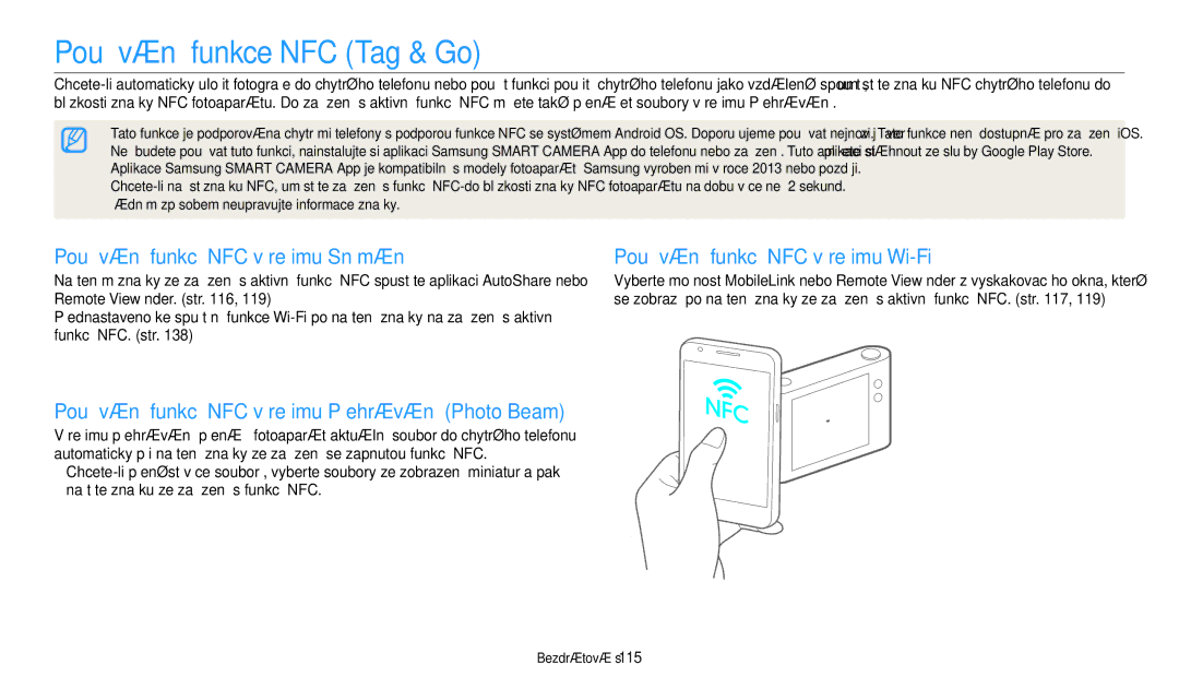 Samsung EC-WB380FBPWE1, EC-WB380FBPBE1 manual Používání funkce NFC Tag & Go, Používání funkcí NFC v režimu Snímání 