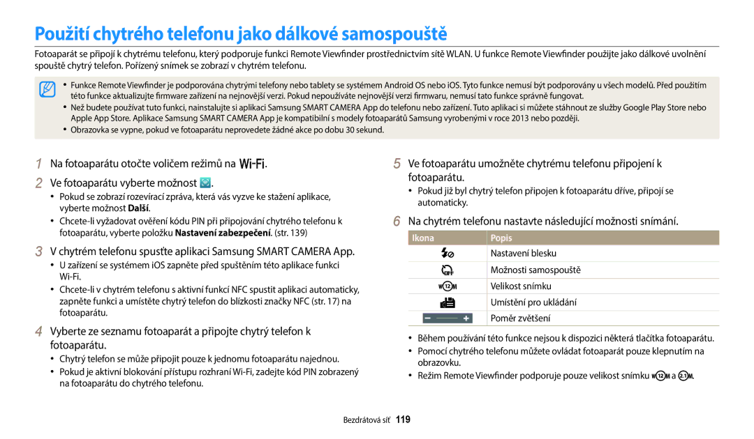 Samsung EC-WB380FBPWE1, EC-WB380FBPBE1 manual Použití chytrého telefonu jako dálkové samospouště 