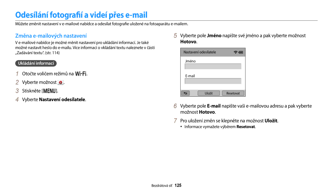 Samsung EC-WB380FBPWE1, EC-WB380FBPBE1 manual Odesílání fotografií a videí přes e-mail, Změna e-mailových nastavení, Hotovo 