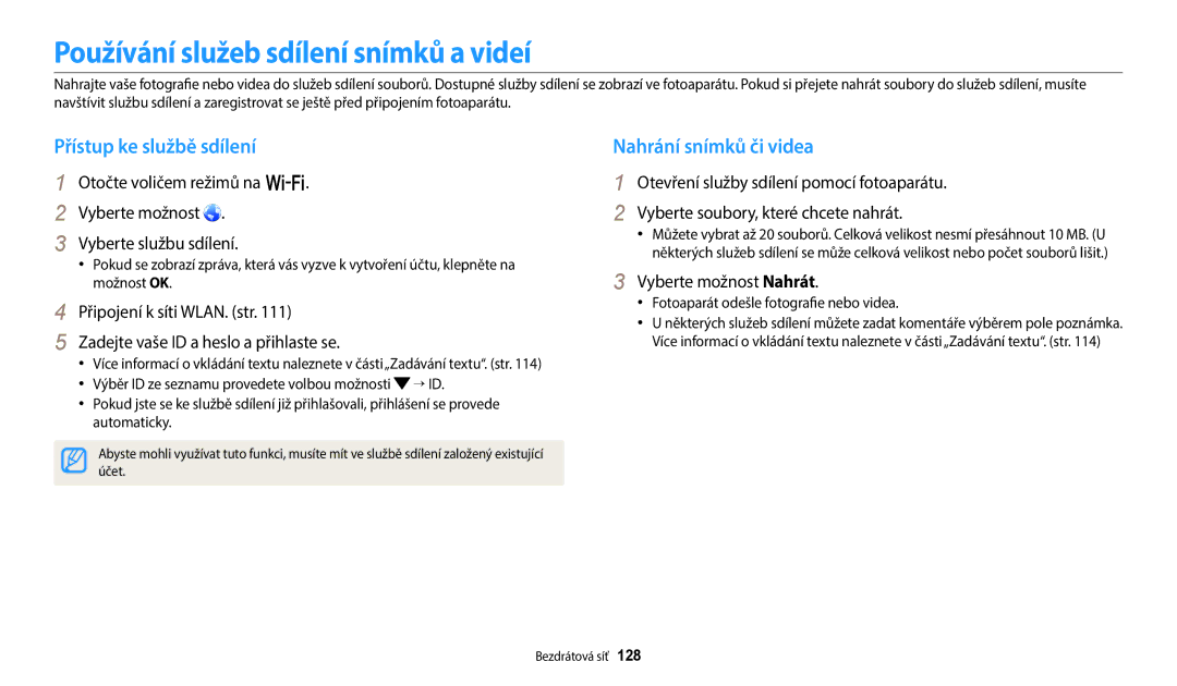 Samsung EC-WB380FBPBE1 manual Používání služeb sdílení snímků a videí, Přístup ke službě sdílení, Nahrání snímků či videa 