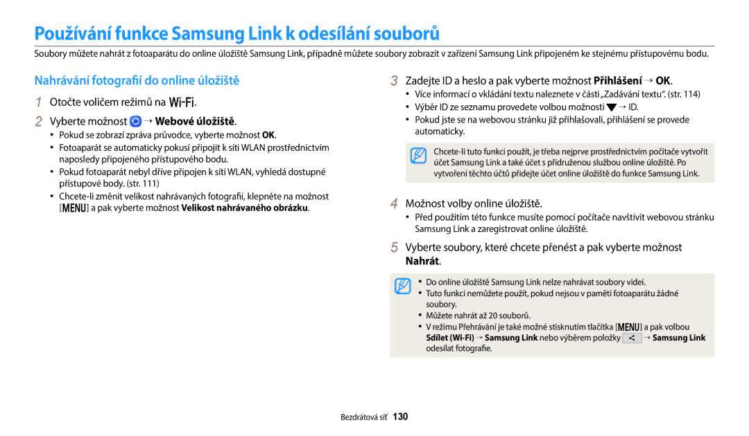 Samsung EC-WB380FBPBE1 Používání funkce Samsung Link k odesílání souborů, Nahrávání fotografií do online úložiště, → Id 