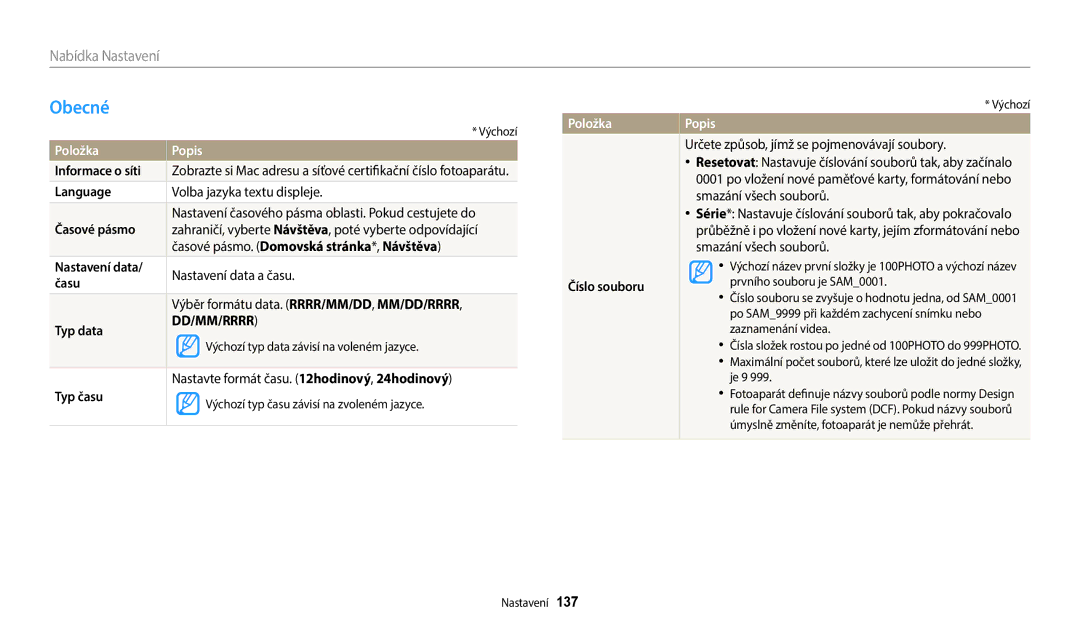 Samsung EC-WB380FBPWE1, EC-WB380FBPBE1 manual Obecné, Položka 