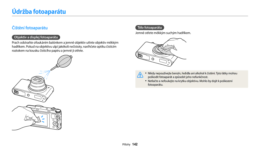 Samsung EC-WB380FBPBE1 manual Údržba fotoaparátu, Čištění fotoaparátu, Objektiv a displej fotoaparátu, Tělo fotoaparátu 