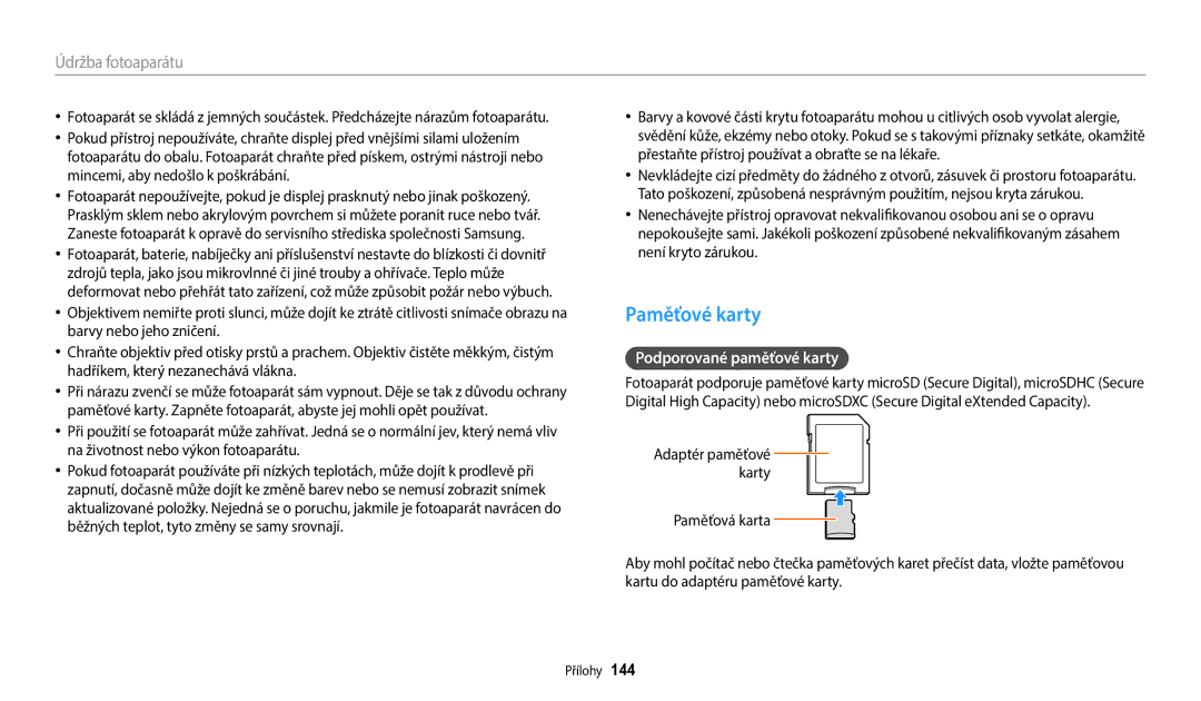 Samsung EC-WB380FBPBE1, EC-WB380FBPWE1 manual Paměťové karty, Podporované paměťové karty 