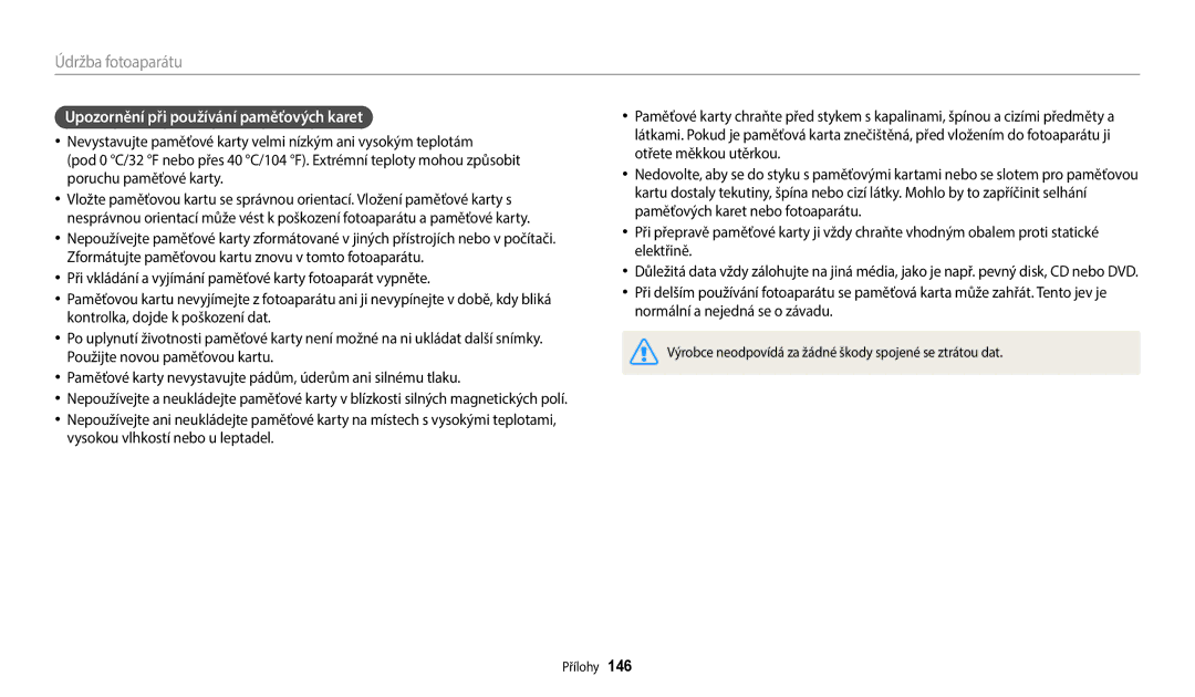 Samsung EC-WB380FBPBE1, EC-WB380FBPWE1 manual Upozornění při používání paměťových karet 