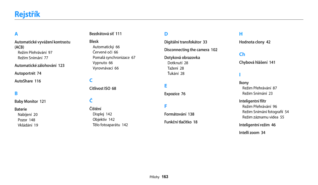 Samsung EC-WB380FBPWE1, EC-WB380FBPBE1 manual Rejstřík 