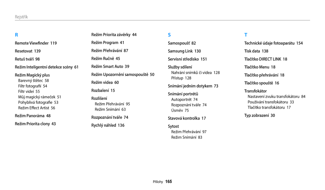 Samsung EC-WB380FBPWE1, EC-WB380FBPBE1 manual Nahrání snímků či videa 128 Přístup, Autoportrét 74 Rozpoznání tváře 74 Úsměv 