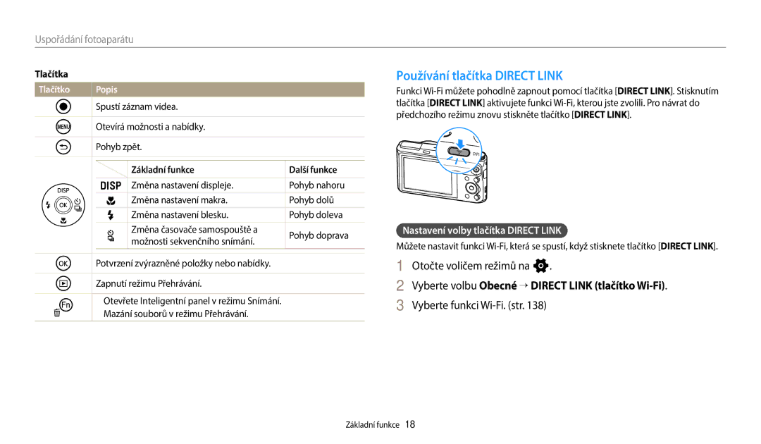 Samsung EC-WB380FBPBE1 manual Používání tlačítka Direct Link, Otočte voličem režimů na n, Vyberte funkci Wi-Fi. str 