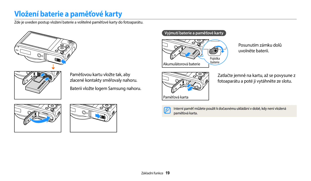 Samsung EC-WB380FBPWE1, EC-WB380FBPBE1 manual Vložení baterie a paměťové karty, Posunutím zámku dolů uvolněte baterii 