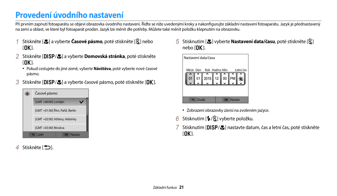 Samsung EC-WB380FBPWE1 Provedení úvodního nastavení, Stiskněte D/c a vyberte časové pásmo, poté stiskněte o, Časové pásmo 