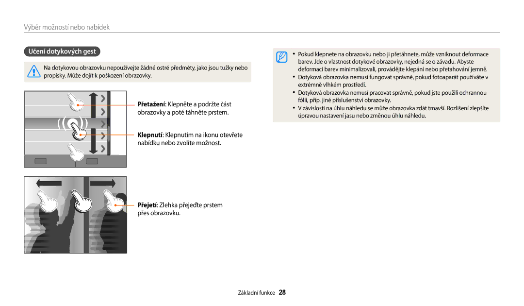 Samsung EC-WB380FBPBE1, EC-WB380FBPWE1 manual Učení dotykových gest, Přejetí Zlehka přejeďte prstem přes obrazovku 