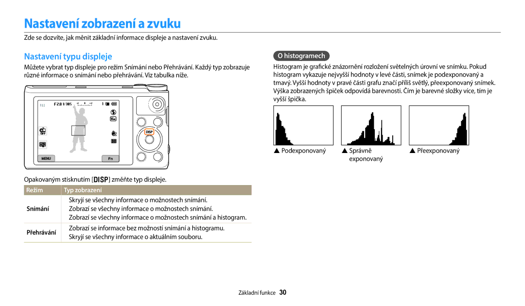 Samsung EC-WB380FBPBE1 manual Nastavení zobrazení a zvuku, Nastavení typu displeje, Histogramech, Režim, Přehrávání 