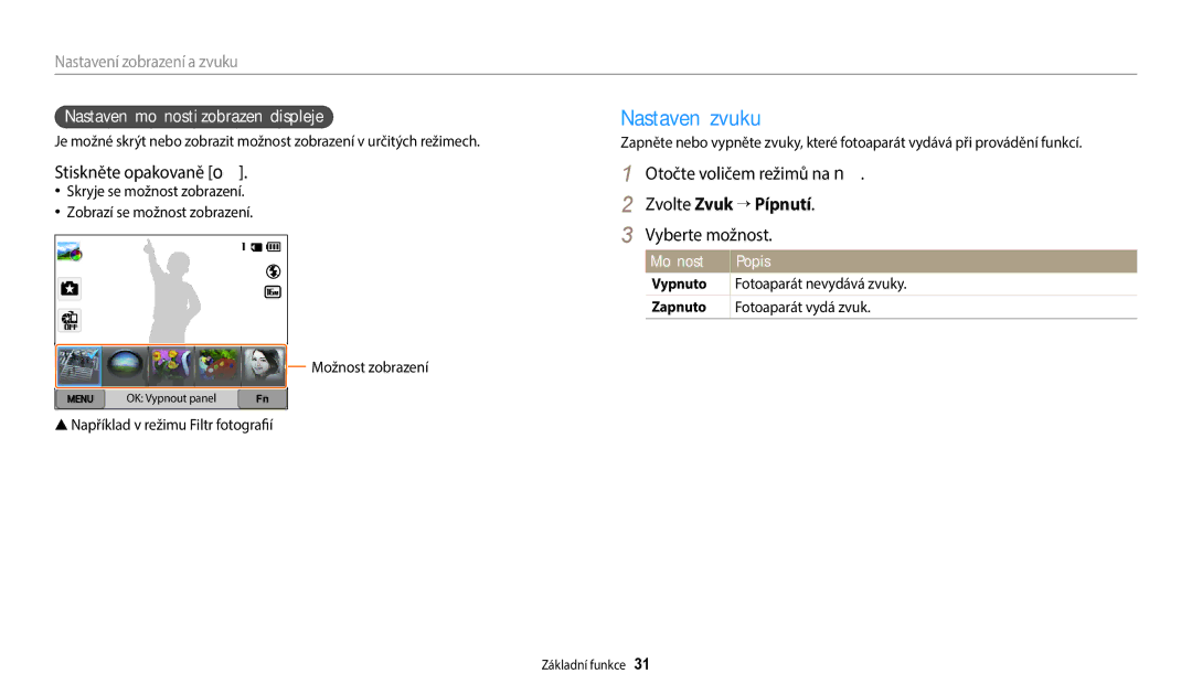 Samsung EC-WB380FBPWE1, EC-WB380FBPBE1 manual Nastavení zvuku, Stiskněte opakovaně o, Zvolte Zvuk → Pípnutí, Vyberte možnost 