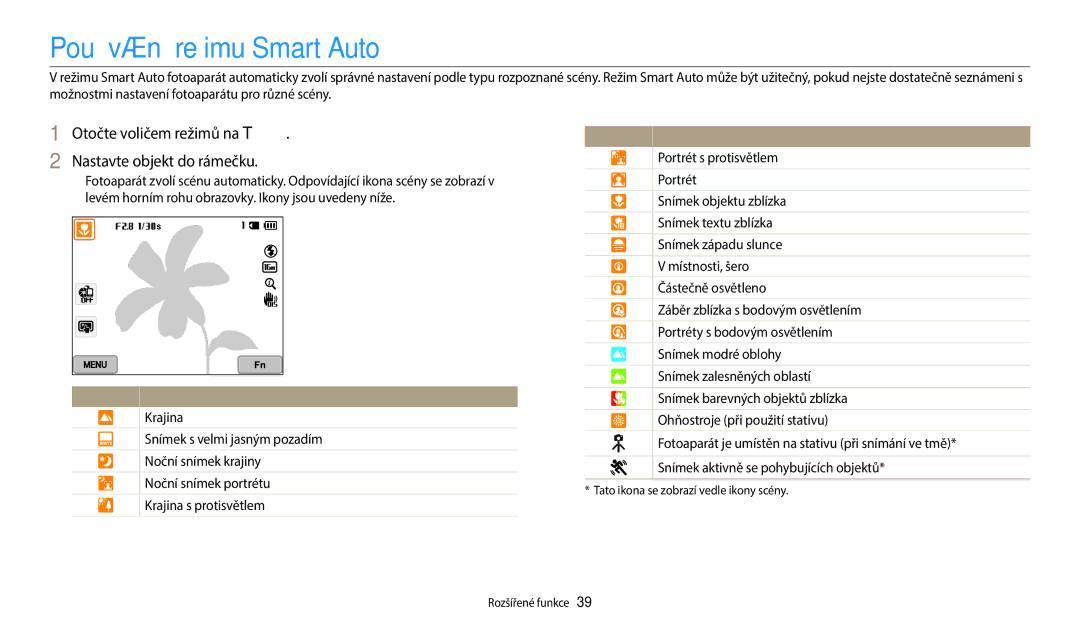 Samsung EC-WB380FBPWE1, EC-WB380FBPBE1 Používání režimu Smart Auto, Otočte voličem režimů na T Nastavte objekt do rámečku 