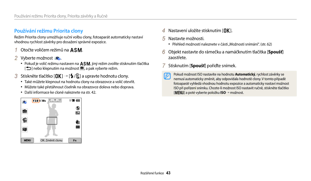 Samsung EC-WB380FBPWE1, EC-WB380FBPBE1 manual Používání režimu Priorita clony, Otočte voličem režimů na G Vyberte možnost 