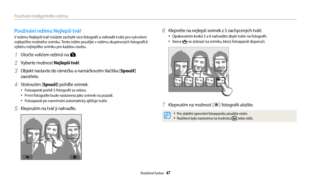 Samsung EC-WB380FBPWE1, EC-WB380FBPBE1 manual Používání režimu Nejlepší tvář, Klepnutím na tvář ji nahraďte, Ikona 