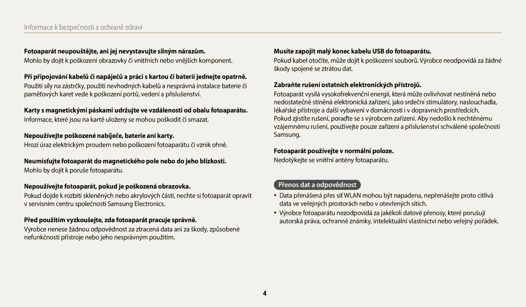 Samsung EC-WB380FBPBE1, EC-WB380FBPWE1 manual Přenos dat a odpovědnost 