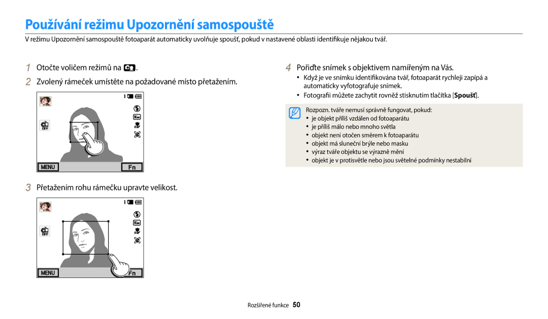 Samsung EC-WB380FBPBE1 manual Používání režimu Upozornění samospouště, Přetažením rohu rámečku upravte velikost, Fotografii 