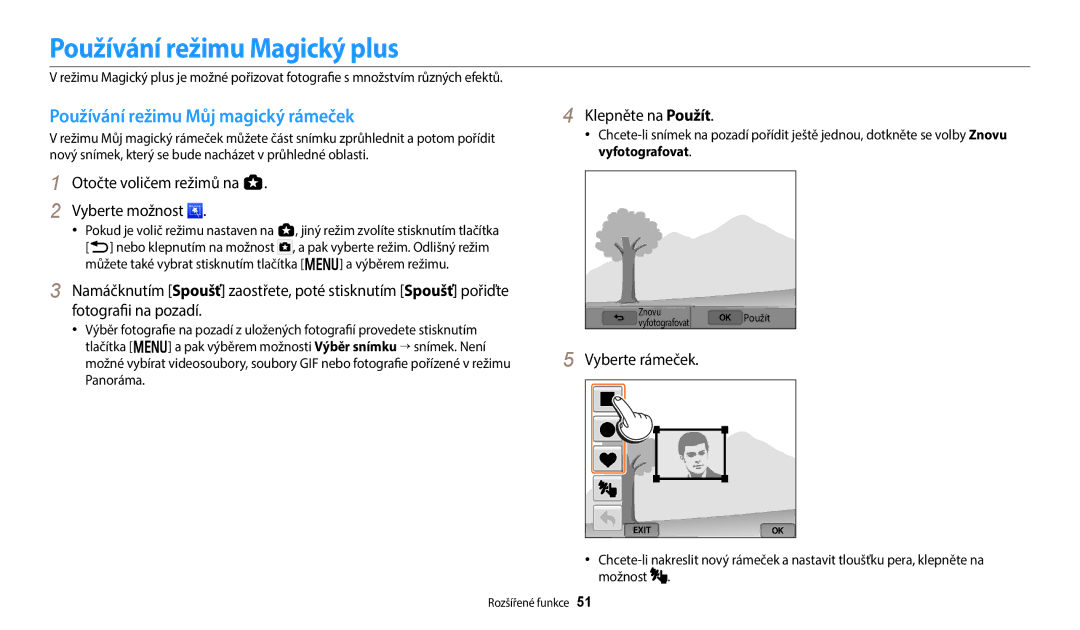 Samsung EC-WB380FBPWE1 manual Používání režimu Magický plus, Používání režimu Můj magický rámeček, Klepněte na Použít 