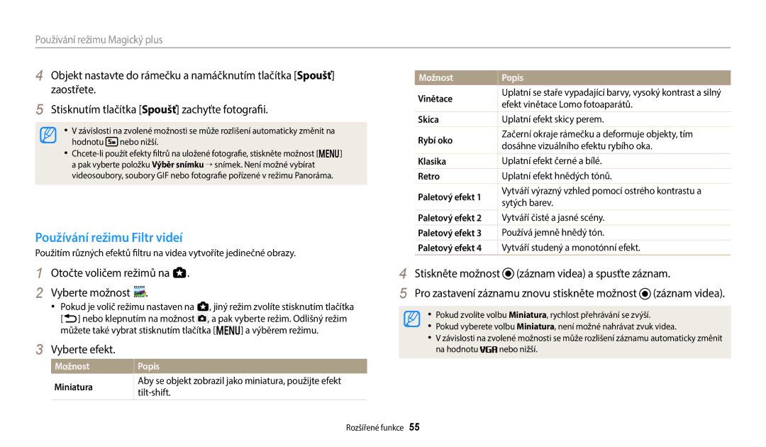 Samsung EC-WB380FBPWE1 manual Používání režimu Filtr videí, Stiskněte možnost záznam videa a spusťte záznam, Paletový efekt 