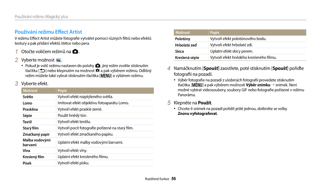 Samsung EC-WB380FBPBE1, EC-WB380FBPWE1 manual Používání režimu Effect Artist, Klepněte na Použít 