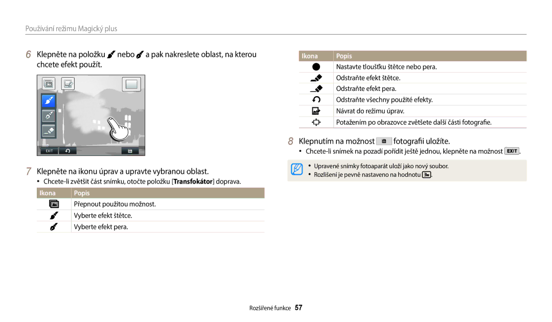 Samsung EC-WB380FBPWE1, EC-WB380FBPBE1 manual Ikona, Přepnout použitou možnost, Vyberte efekt štětce, Vyberte efekt pera 