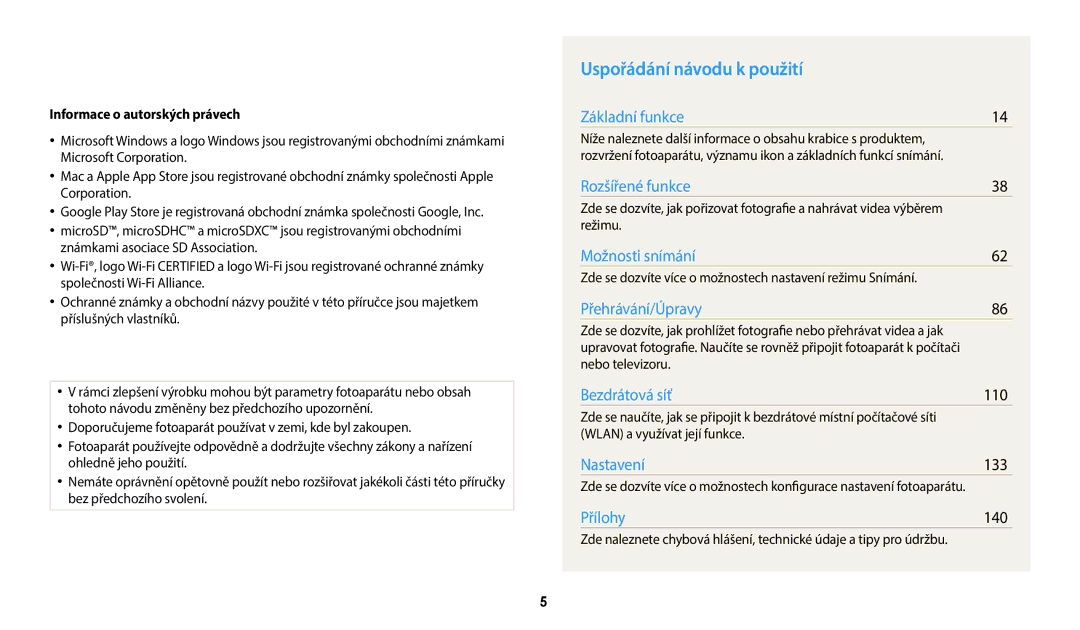 Samsung EC-WB380FBPWE1, EC-WB380FBPBE1 manual Uspořádání návodu k použití, Informace o autorských právech, Režimu 