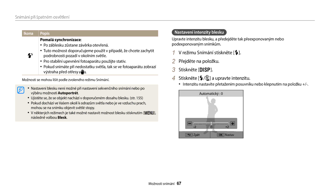 Samsung EC-WB380FBPWE1, EC-WB380FBPBE1 manual Nastavení intenzity blesku, Pomalá synchronizace, Automatický 