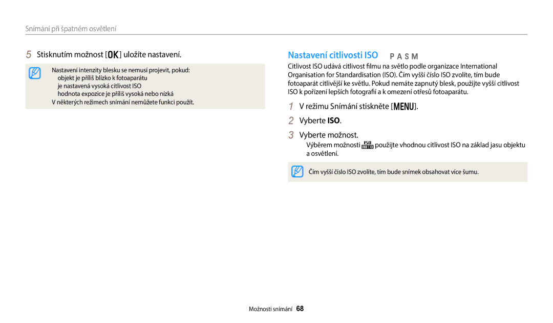 Samsung EC-WB380FBPBE1 manual Nastavení citlivosti ISO p a h M, Režimu Snímání stiskněte m Vyberte ISO Vyberte možnost 