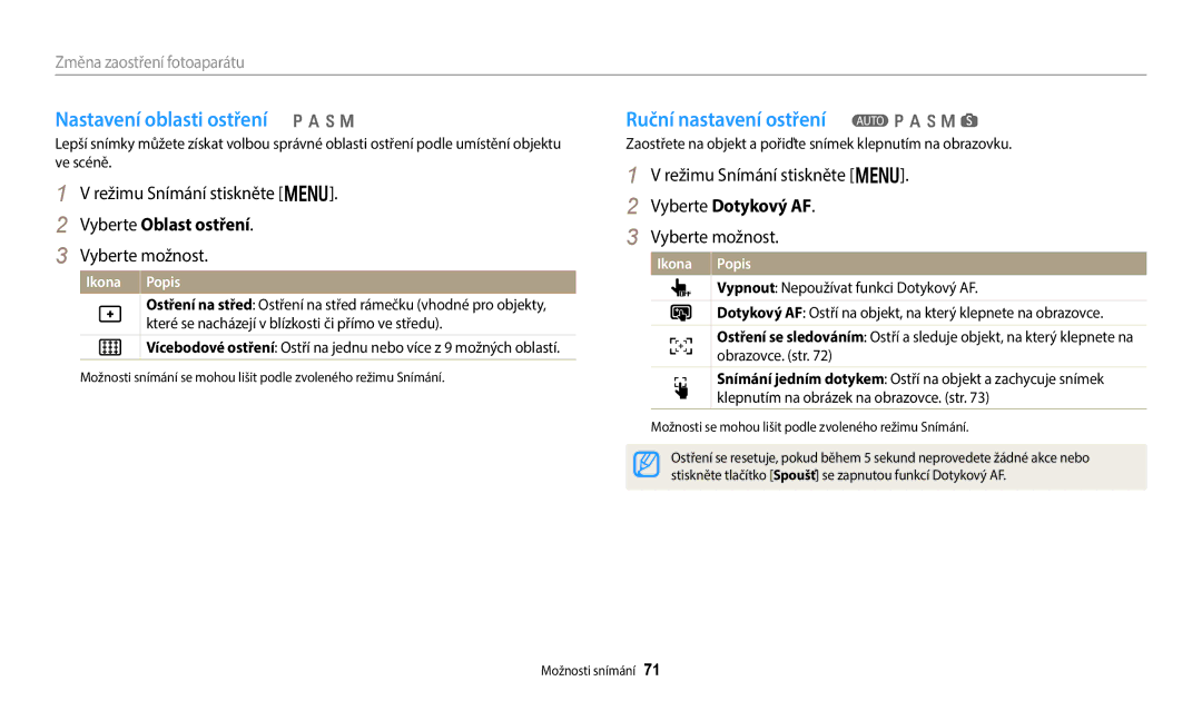 Samsung EC-WB380FBPWE1 Nastavení oblasti ostření p a h M, Ruční nastavení ostření T p a h M s, Vyberte Oblast ostření 