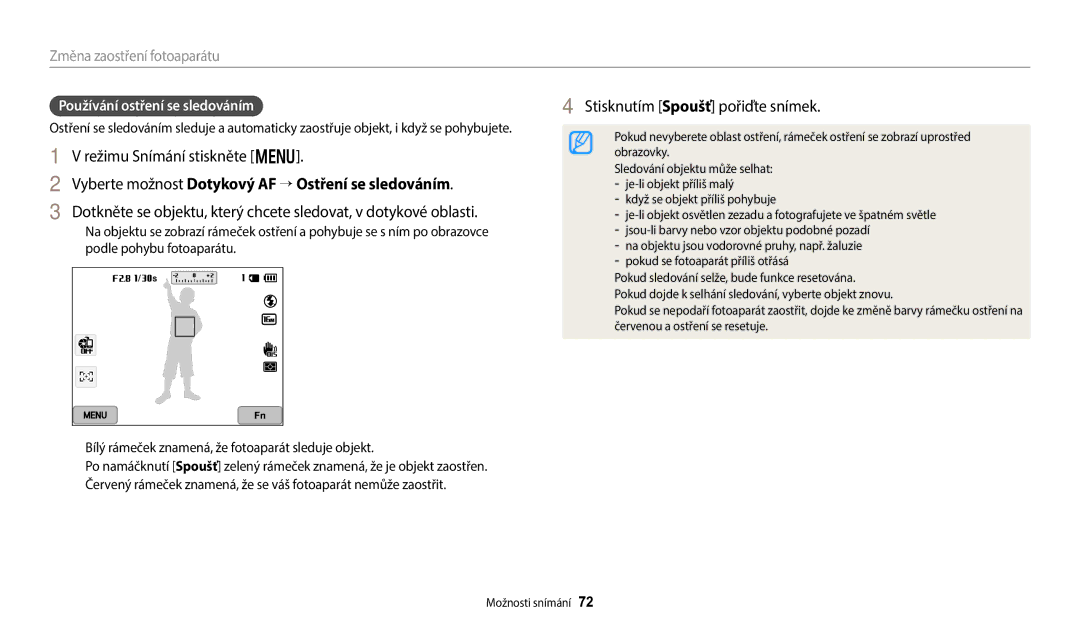 Samsung EC-WB380FBPBE1 manual Vyberte možnost Dotykový AF → Ostření se sledováním, Používání ostření se sledováním 