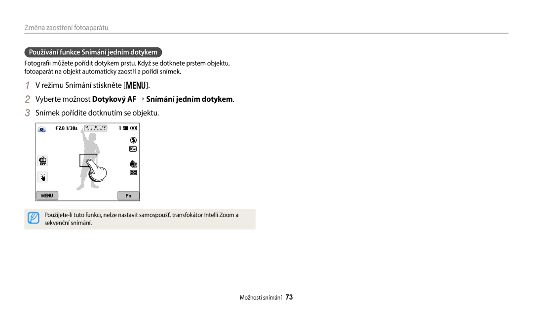 Samsung EC-WB380FBPWE1 manual Vyberte možnost Dotykový AF → Snímání jedním dotykem, Snímek pořídíte dotknutím se objektu 