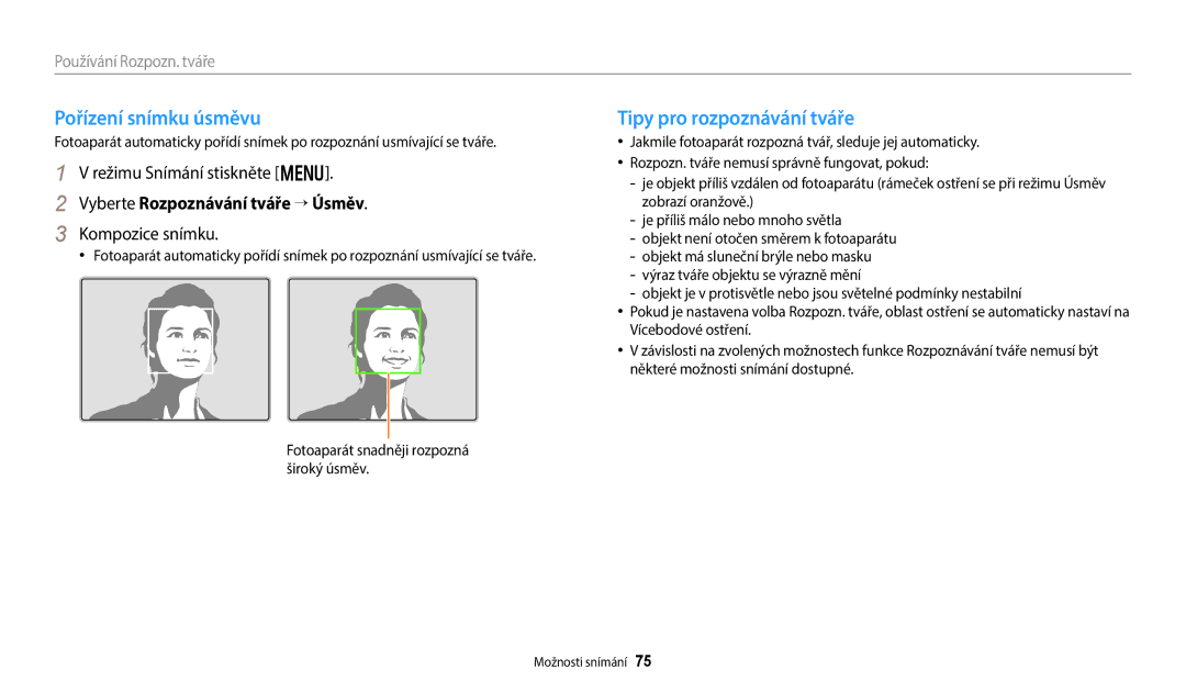 Samsung EC-WB380FBPWE1 manual Pořízení snímku úsměvu, Tipy pro rozpoznávání tváře, Vyberte Rozpoznávání tváře → Úsměv 