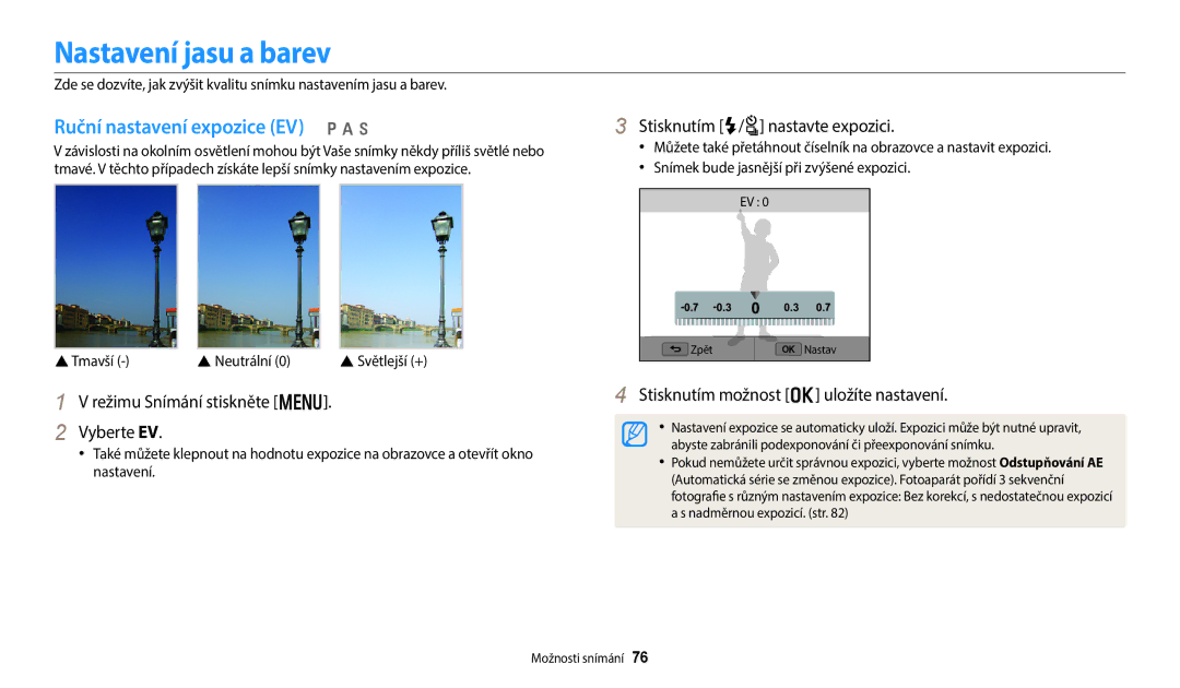 Samsung EC-WB380FBPBE1 manual Nastavení jasu a barev, Ruční nastavení expozice EV p a h, Stisknutím F/t nastavte expozici 