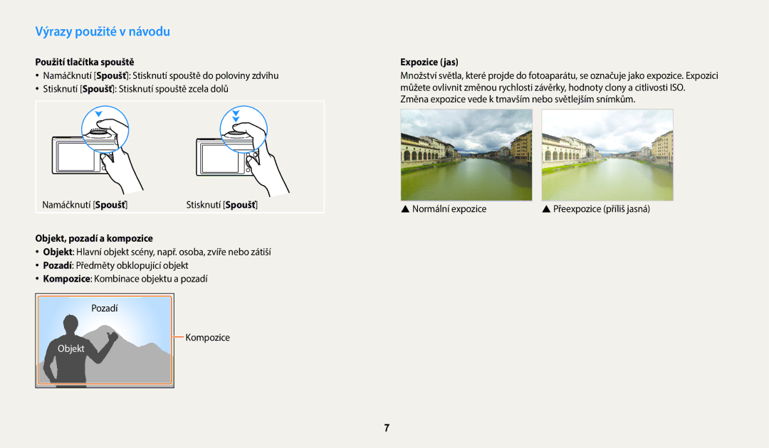 Samsung EC-WB380FBPWE1 manual Výrazy použité v návodu, Použití tlačítka spouště, Objekt, pozadí a kompozice, Expozice jas 