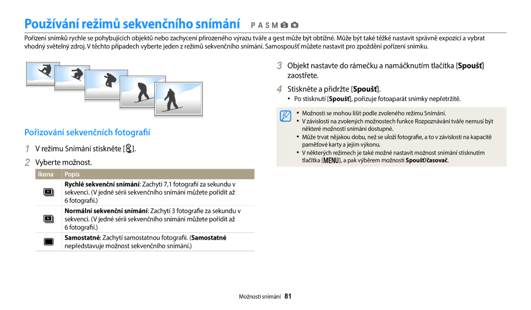 Samsung EC-WB380FBPWE1 Používání režimů sekvenčního snímání p a h M s g, Pořizování sekvenčních fotografií, Zaostřete 