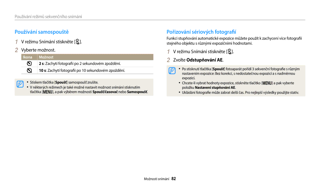 Samsung EC-WB380FBPBE1, EC-WB380FBPWE1 Používání samospouště, Pořizování sériových fotografií, Režimu Snímání stiskněte t 