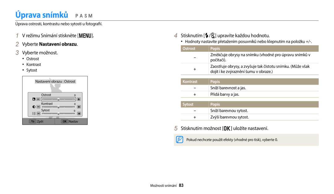 Samsung EC-WB380FBPWE1 manual Úprava snímků p a h M, Vyberte Nastavení obrazu, Stisknutím F/t upravíte každou hodnotu 