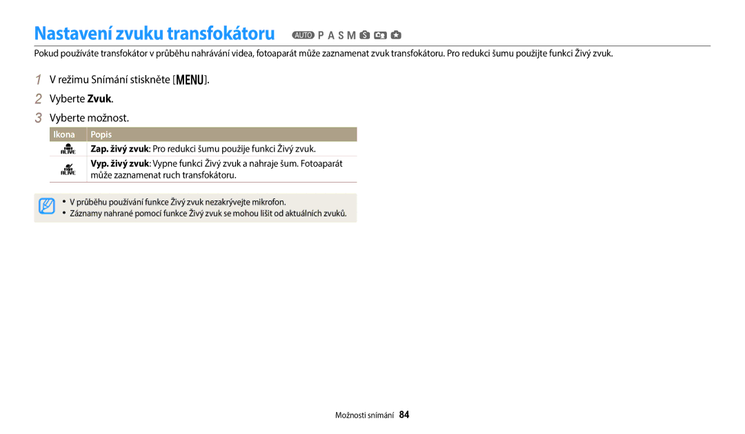 Samsung EC-WB380FBPBE1, EC-WB380FBPWE1 manual Nastavení zvuku transfokátoru T p a h M s i g 