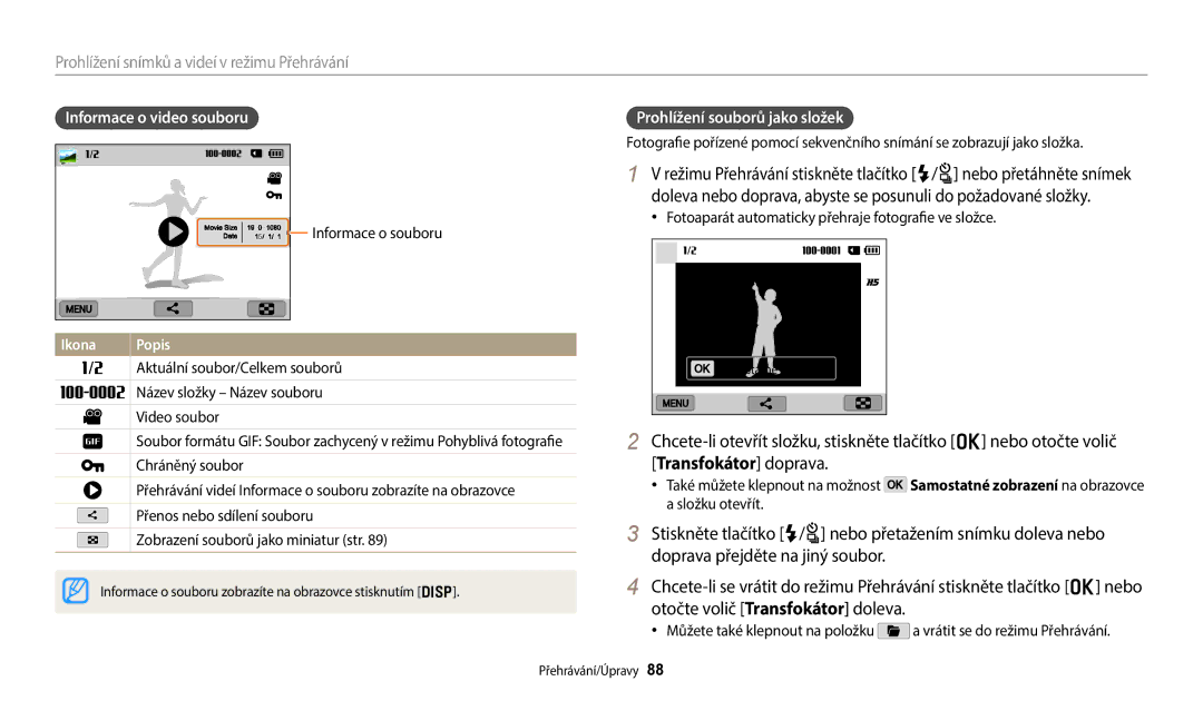 Samsung EC-WB380FBPBE1 manual Transfokátor doprava, Informace o video souboru, Informace o souboru, Složku otevřít 