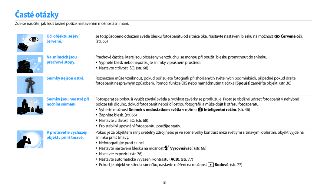 Samsung EC-WB380FBPBE1, EC-WB380FBPWE1 manual Časté otázky, Červené oči 