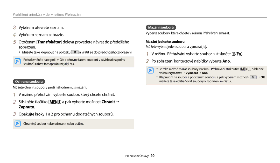 Samsung EC-WB380FBPBE1, EC-WB380FBPWE1 manual Ochrana souboru, Mazání souborů, Mazání jednoho souboru 